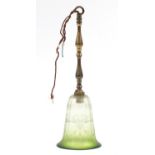19th century hanging branch light fitting of single form with frosted clear and green glass shade