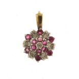 9ct gold ruby and diamond flower head pendant, 1.7cm high, 1.3g : For Further Condition Reports,