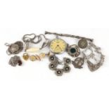 Silver and costume jewellery including silver locket, sterling silver watch bracelet, silver mounted