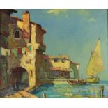C Morono - Continental harbour, Impressionist oil on canvas, framed, 60cm x 49.5cm : For Further