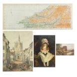 Four antique and later prints and an antique hand coloured map of Wales, each mounted, framed and