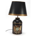 Toleware table lamp and shade hand painted with coat of arms, 72cm high : For Further Condition