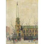 After Laurence Stephen Lowry - Figures walking before a cathedral, oil on board, mounted and framed,