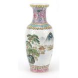 Chinese porcelain vase hand painted in the famille rose palette with a river landscape and