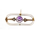 Art Nouveau 9ct gold amethyst and seed pearl brooch, 4cm in length, 2.9g : For Further Condition