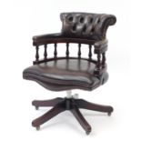 Mahogany framed captain's chair with brown leather button back upholstery, 85cm high : For Further