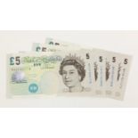 Four Elizabeth II Bank of England five pound notes including two with consecutive serial numbers,