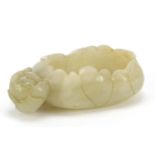 Good Chinese carved celadon jade lotus flower brush washer, 9.5cm wide : For Further Condition