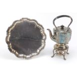 Silver plated teapot and stand with burner and a salver, the largest 33cm high : For Further