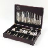 George Butler part suite of silver plated cutlery housed in a mahogany canteen, 46cm wide : For