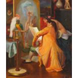 Artist with scantily dressed female and parrot in an interior, Italian school oil on board,