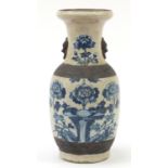 Large Chinese porcelain crackle glaze vase with twin handles, hand painted with flowers, 45.5cm high