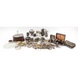 Large selection of silverplate and pewter including basket with swing handle, cutlery and cruets :
