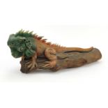 Large carved wood sculpture of an iguana on a rock, 54cm in length : For Further Condition