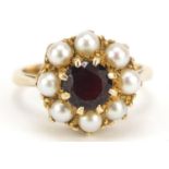 Unmarked gold garnet and pearl ring, size I, 4.5g : For Further Condition Reports, Please Visit