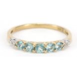 9ct gold graduated blue stone and diamond ring, size M, 1.2g : For Further Condition Reports, Please