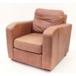 Contemporary Art Deco style tan leather club chair, 80cm H x 86cm W x 92cm D : For Further Condition