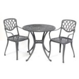 Circular grey painted aluminium garden table and two chairs, the table 71cm high x 74cm in