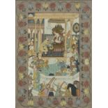 Figures in a temple, Persian watercolour onto silk, framed and glazed, 51.5cm x 36.5cm : For Further