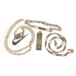 Silver jewellery including Nike necklace, ingot pendant and identity bracelet, 67.4g : For Further