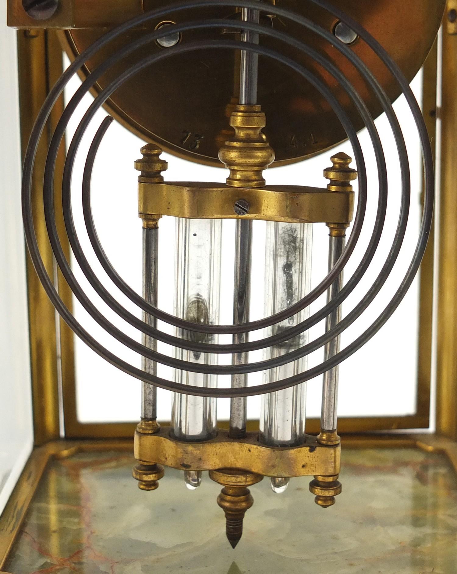 19th century French onyx and brass four glass mantle clock striking on a gong, the enamelled dial - Image 6 of 8