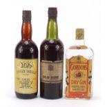 Vintage bottle of Gordon's Gin and two bottles of rum including Fine Old Rum bottled by John Gardner