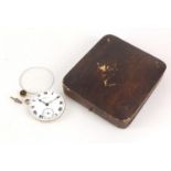 Record Renown pocket watch movement and a Bravington's tooled leather box : For Further Condition