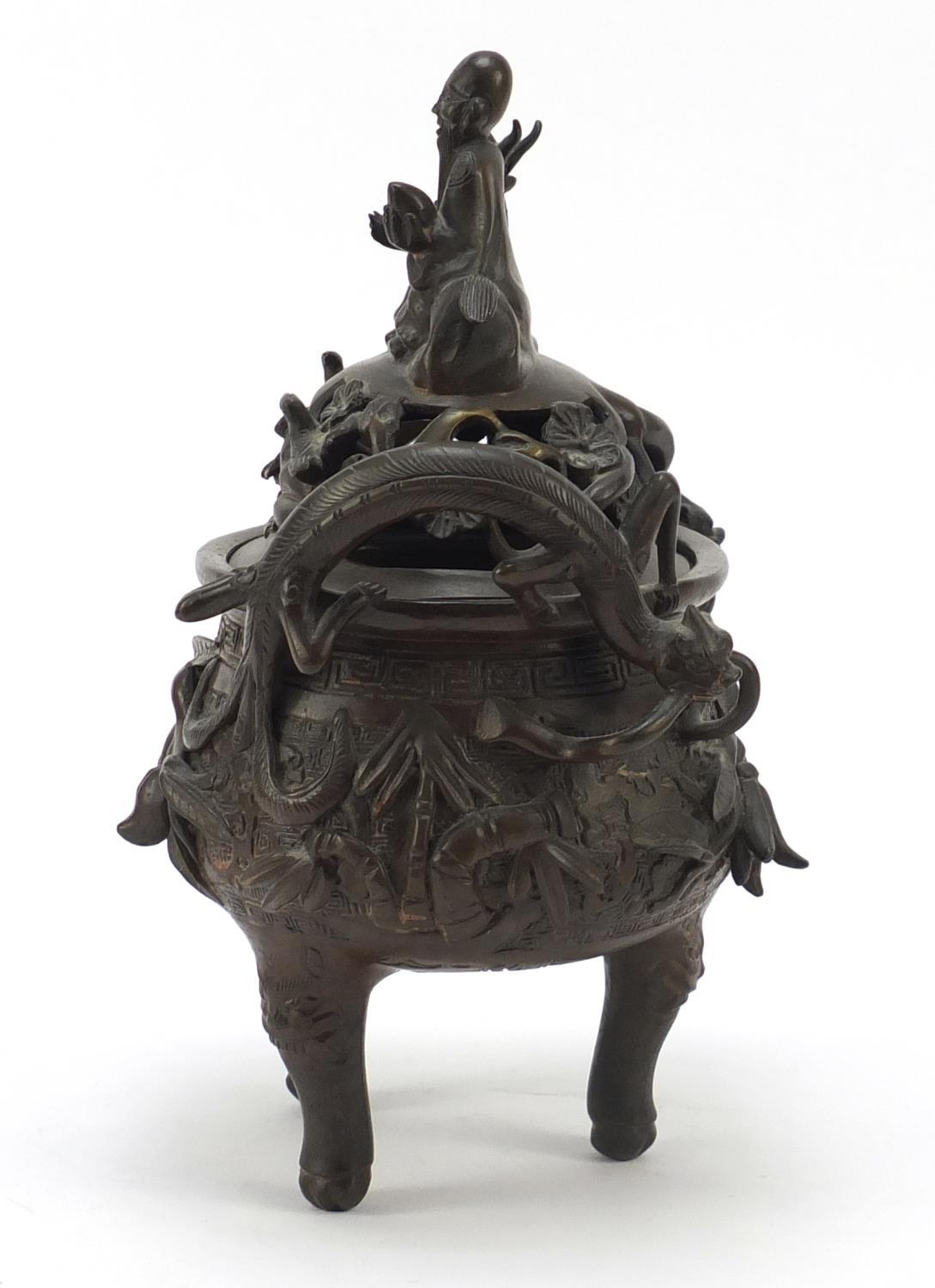 Chinese patinated bronze tripod censer with figural cover, 27cm high : For Further Condition Reports - Image 4 of 10