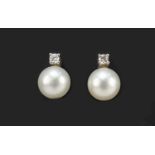 Pair of 9ct white gold cultured pearl and diamond earrings, 8mm in length, 1.2g : For Further