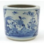 Large Chinese blue and white porcelain jardini?re hand painted with birds amongst flowers, six