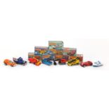 Eight vintage Matchbox die cast vehicles with boxes including numbers 21, 32, 34, 38, 47, 49, 51 and