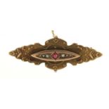 Victorian 9ct gold red stone and seed pearl brooch, Chester 1907, 4.5cm in length, 4.0g : For