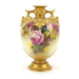 Reginald Austin for Royal Worcester porcelain twin handle vase hand painted with flowers, 19.5cm