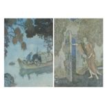 Edmund Dulac - Female by a doorway and figure in a boat, pair of prints in colour inscribed Was