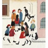 After Laurence Stephen Lowry - Figures in a street, oil on board, framed, 30.5cm x 27cm excluding