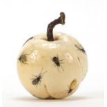 Japanese Shibayama ivory fruit inlaid with insects, carved with character marks, 8cm high : For