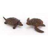 Two Japanese patinated bronze animals comprising a turtle and terrapin, each with impressed marks to