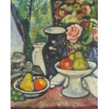 Still life flowers and fruit, Scottish Colourist school oil on board, framed, 44cm x 35.5cm