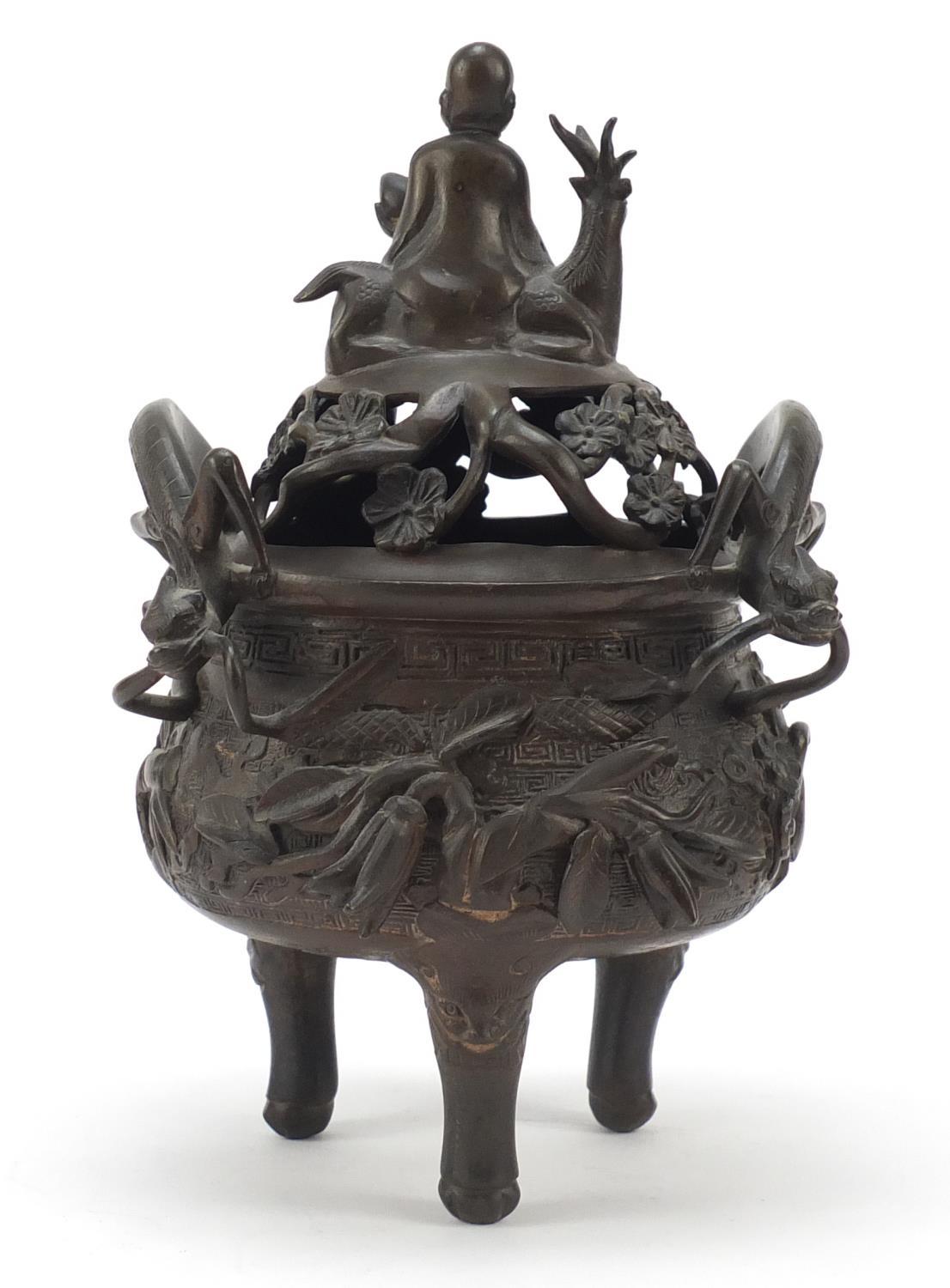 Chinese patinated bronze tripod censer with figural cover, 27cm high : For Further Condition Reports - Image 5 of 10