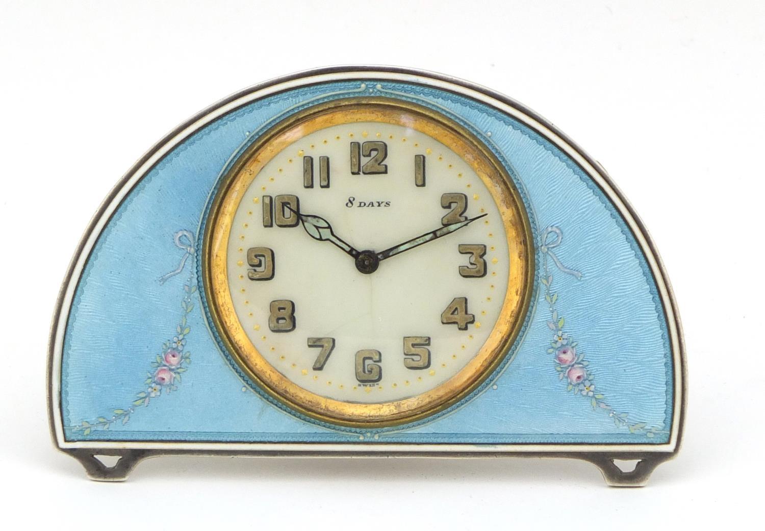 Continental silver and blue guilloche enamel eight day strut clock, the clock impressed S Child &