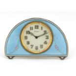 Continental silver and blue guilloche enamel eight day strut clock, the clock impressed S Child &