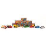 Eight vintage Matchbox die cast vehicles with boxes comprising numbers 7, 11, 16, 19, 19, 21, 21 and