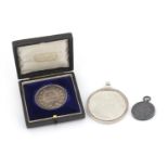 Victorian silver medal with cast beaded rim by John Evans II, inscribed Florence Jenkins Putney, 5cm