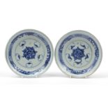 Pair of Chinese blue and white porcelain dishes hand painted with bats and flowers, painted marks to