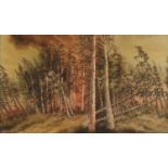 Woodlands, 19th century silk work, mounted, framed and glazed, 71cm x 43cm excluding the mount and