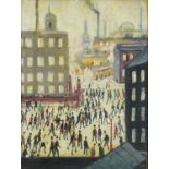 After Laurence Stephen Lowry - Industrial street scene, oil on board, framed and glazed, 40.5cm x