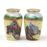 Pair of Moorcroft enamel vases decorated with tractors, each limited edition 27/75, each 7cm