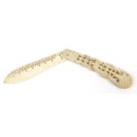 Scrimshaw style bone folding knife, carved with birds in a bush, 20cm in length : For Further