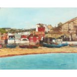 Moored boats, fishing village, Cornish school oil on canvas laid on board, bearing a signature LE