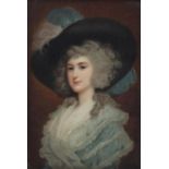Rectangular portrait miniature of a female wearing a shawl and wide brimmed hat, framed, 10.5cm x